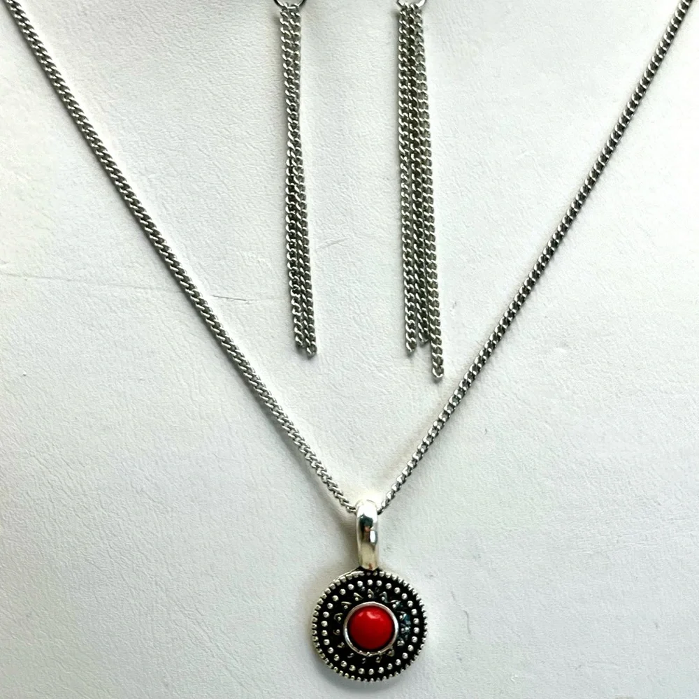 Silver and Red Pendant Necklace and Earring Set